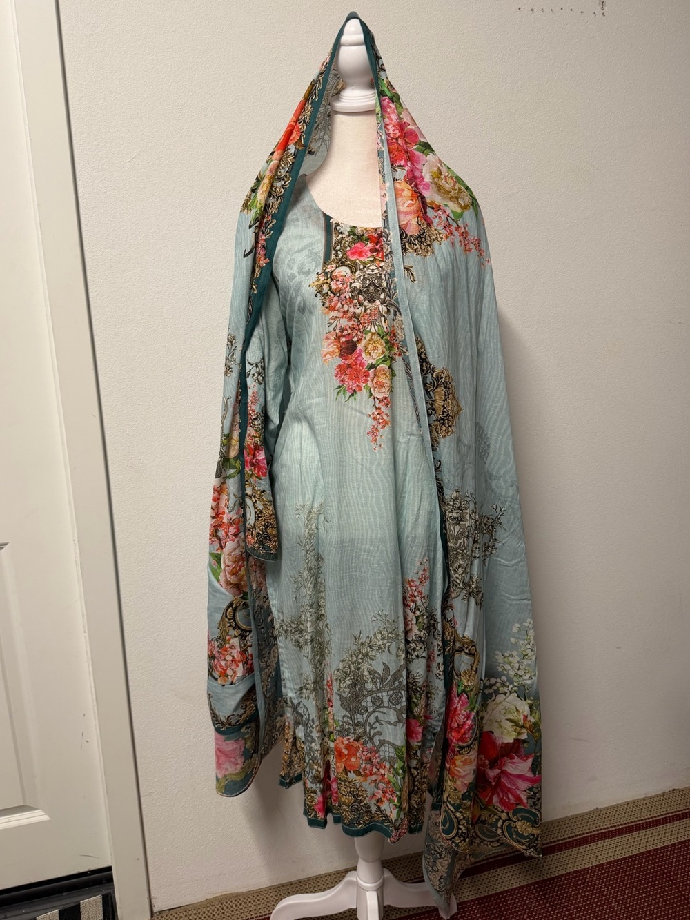 Cottagecore Floral Pakistani 2 Piece Suit – Sage Blue Garden Print